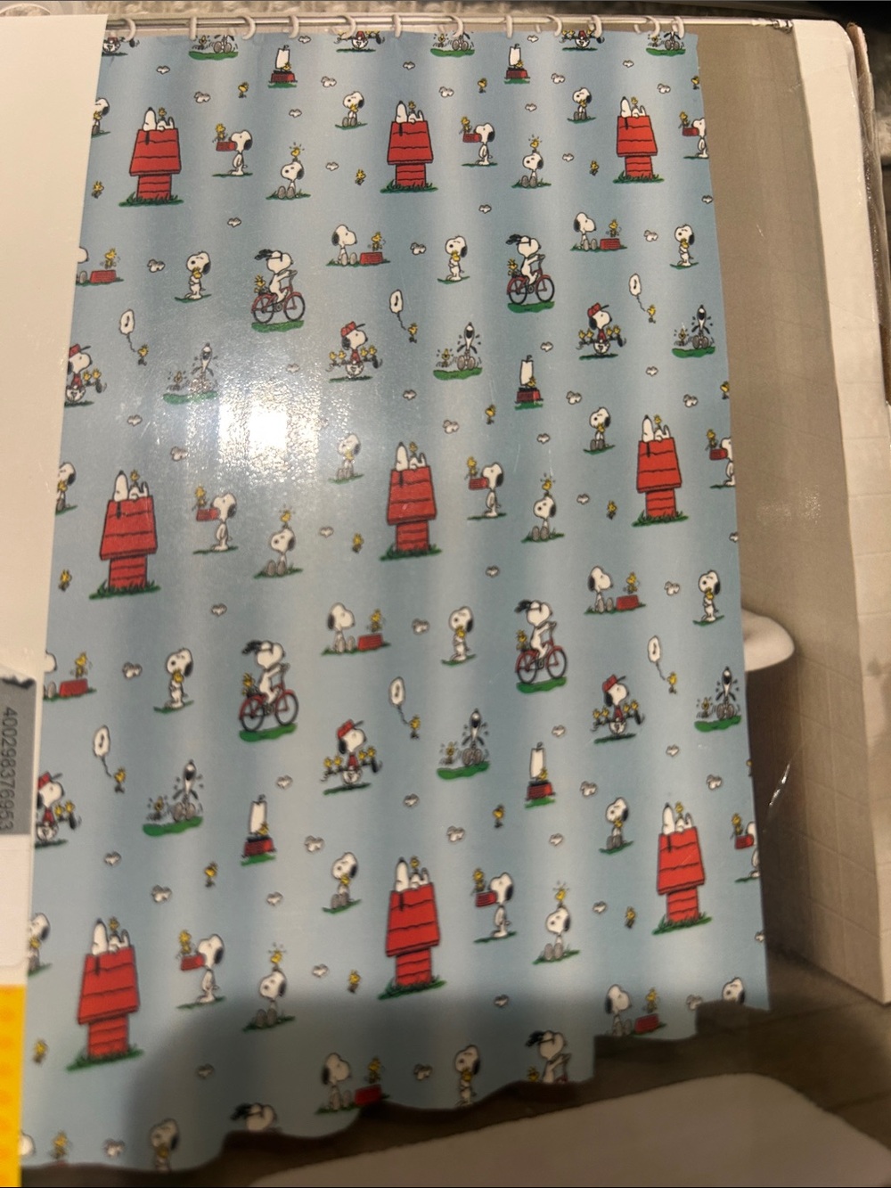 Peanuts snoopy Shower Curtain — Light Blue with Red snoopy doghouse